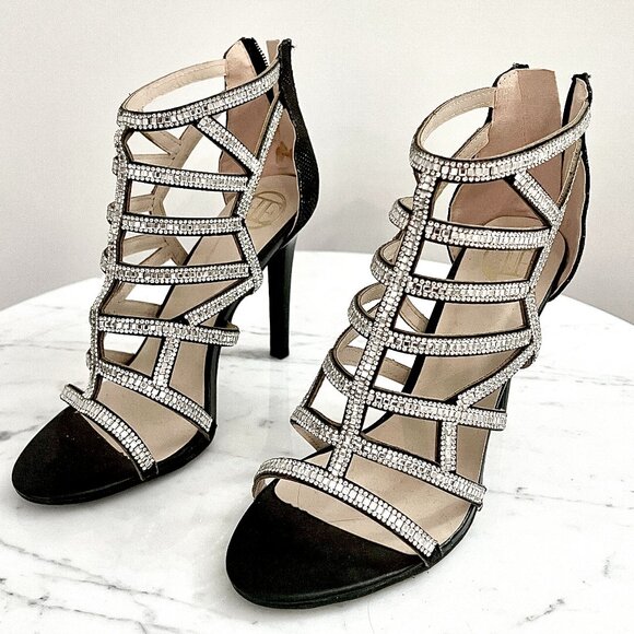 TSOQ - Sparkly Black/Silver Cage High Heeled Sandals - Evening, Party - 37 / 7 - Picture 1 of 7
